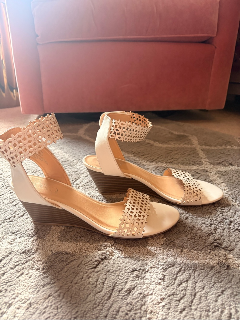 XOXO Cream Laser-Cut Ankle-Strap Wedge Sandals